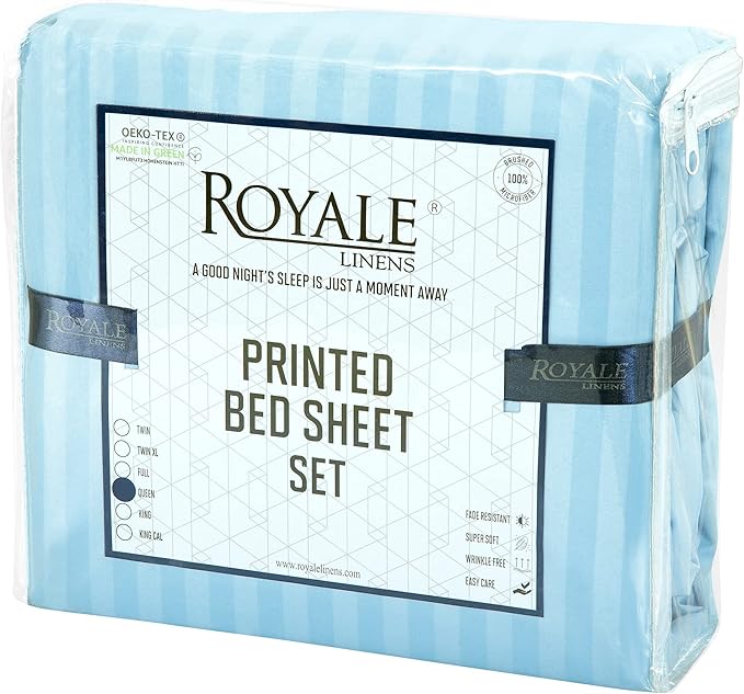 ROYALE LINENS 3 Piece Twin Sheets Set - Soft Brushed 1800 Microfiber - 1 Fitted, 1 Flat Sheet, 1 Pillow case - Wrinkle Free & Fade Resistant - Hotel Luxury Bed Sheets (Stripe Lake Blue, Twin)