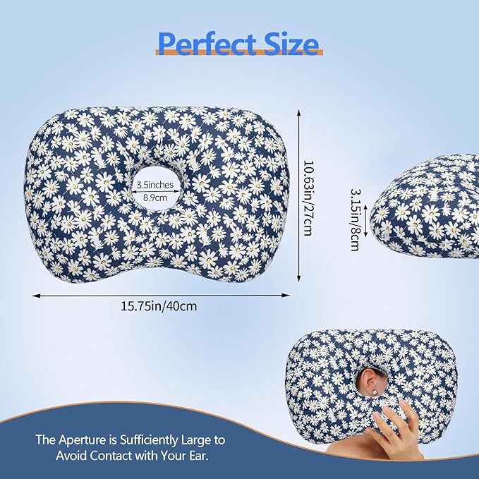Ear Piercing Hole Pillows Side Sleeper Pillow with an Ear Hole for CNH Side Sleepers and Ear Inflammation Pressure Sores, Adjustable Cotton and Polyester Curved Side Pillow, Blue Flowers
