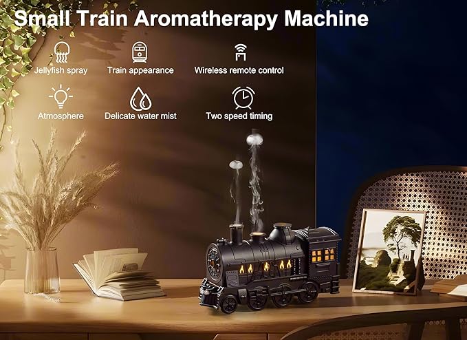 Train Shape Essential Oil Diffuser Humidifier, 2 Lighting Modes, Remote Control, Train Design Home Fragrance Diffuser, 300ml, for Bedroom Office Desktop (US Plug)