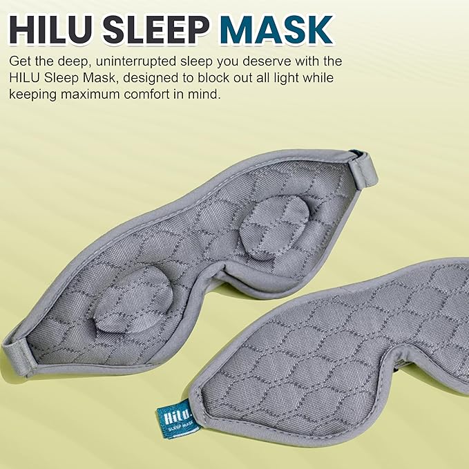HILU Sleep Mask - 100% Light Blocking Eye Mask for Sleeping - Mothers Day Gifts for Mom, Zero Eye Pressure, Comfortable & Adjustable Design, Night Blindfold Eye Mask for Women & Men (Gray, 1 Count)