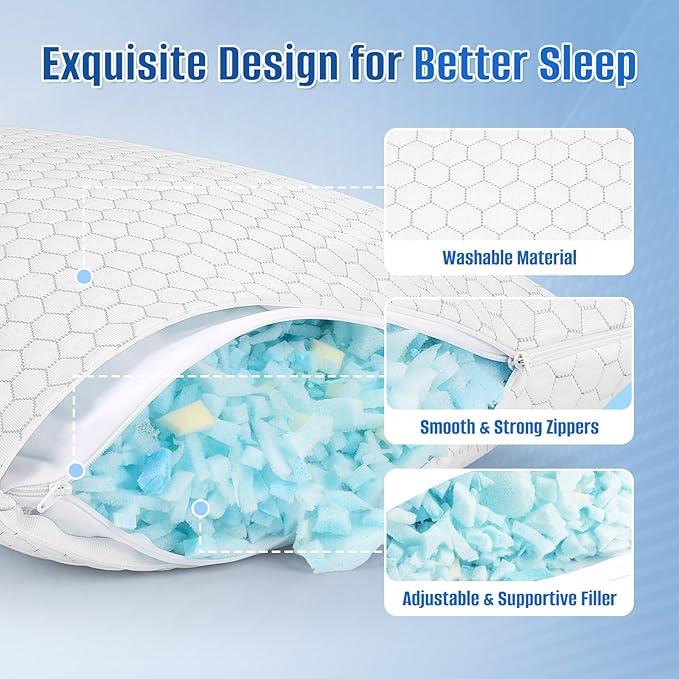 CushyOasis Shredded Memory Foam Pillow for Sleeping, Cooling Bed Pillows Set of 2, Adjustable Pillows for Side, Back, Stomach Sleepers with Washable Pillowcase (Standard Size, Grey)