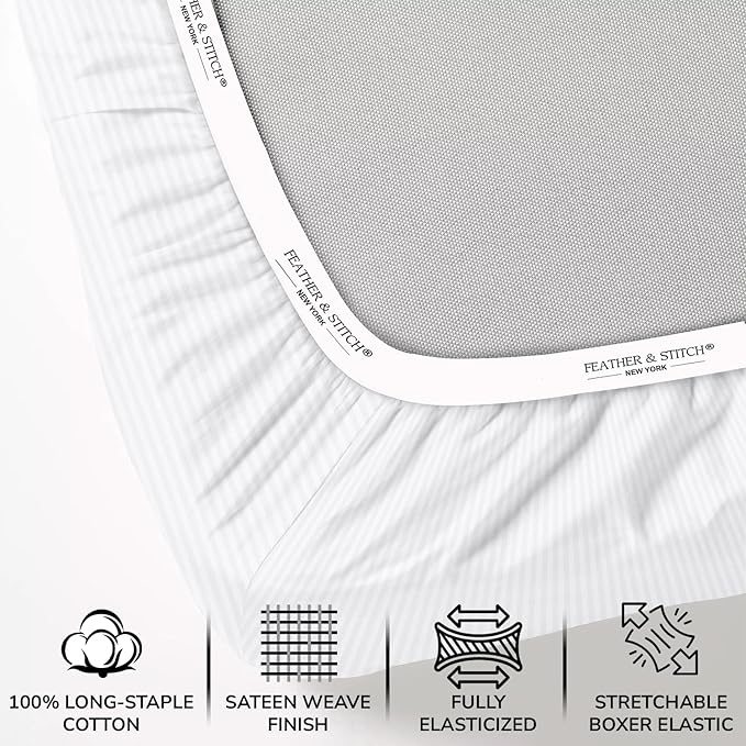 Feather & Stitch 500 TC California King Size Damask Bed Sheet Set, 100% Cotton Soft Breathable Bedsheets, 4 Piece 18" Deep Pockets Sateen Weave Striped Bedding Mattress Resort Hotel - (White Stripe)