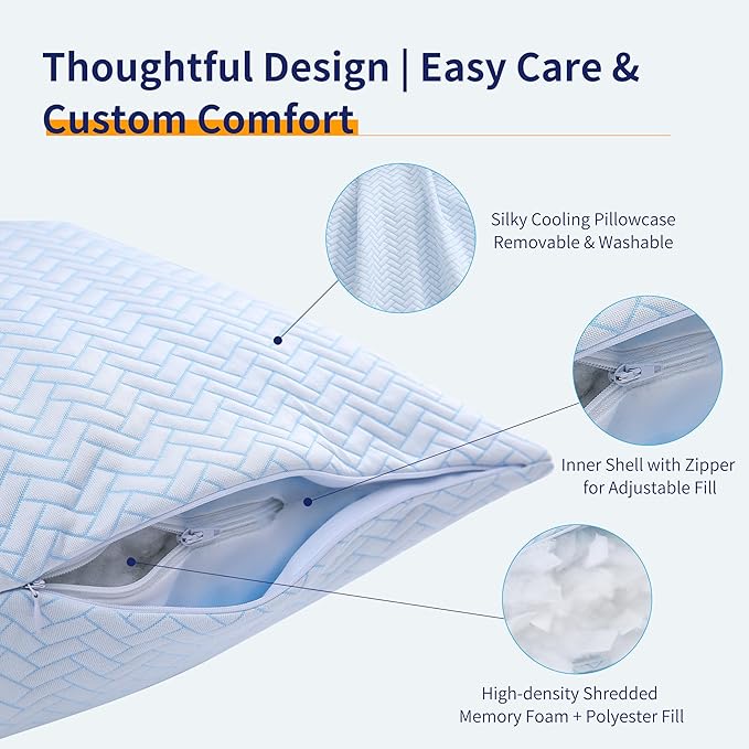 DOWNCOOL Cooling Body Pillow Set of 1, Adjustable Shredded Memory Foam Pillows for Sleeping, Soft Cool Bed Pillows for Hot Sleepers, Firm Long Pillow for Side Back Stomach Sleepers, 20"X54"