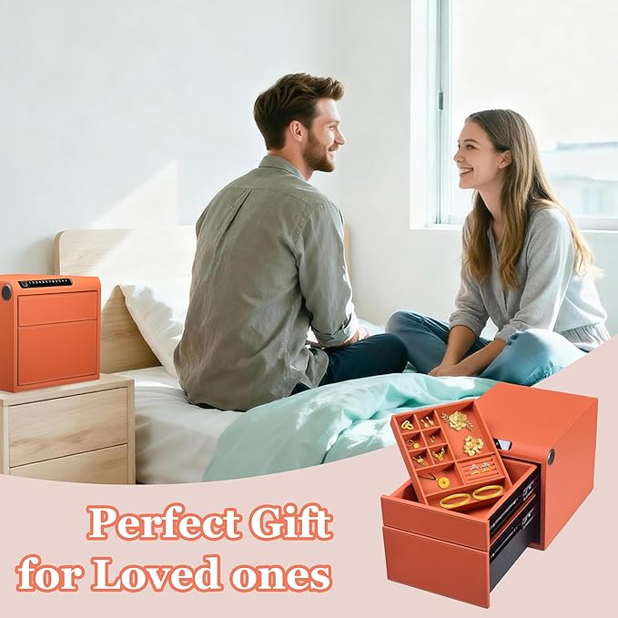 Jewelry Safe with Drawers，Biometric Fingerprint safe, Slide-Away Handgun Safe for Pistols, Leather Wrapped Jewelry Storage Safe, Digital Keypad & Quick-Access Drawer(Orange- 2 Drawer)