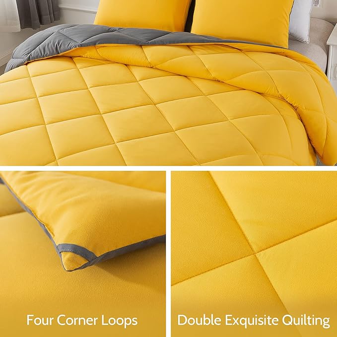 Decroom Lightweight King Comforter Set with 2 Pillow Sham - 3 Pieces Set - Quilted Down Alternative Comforter/Duvet Insert for All Season - Yellow/Grey- King Size