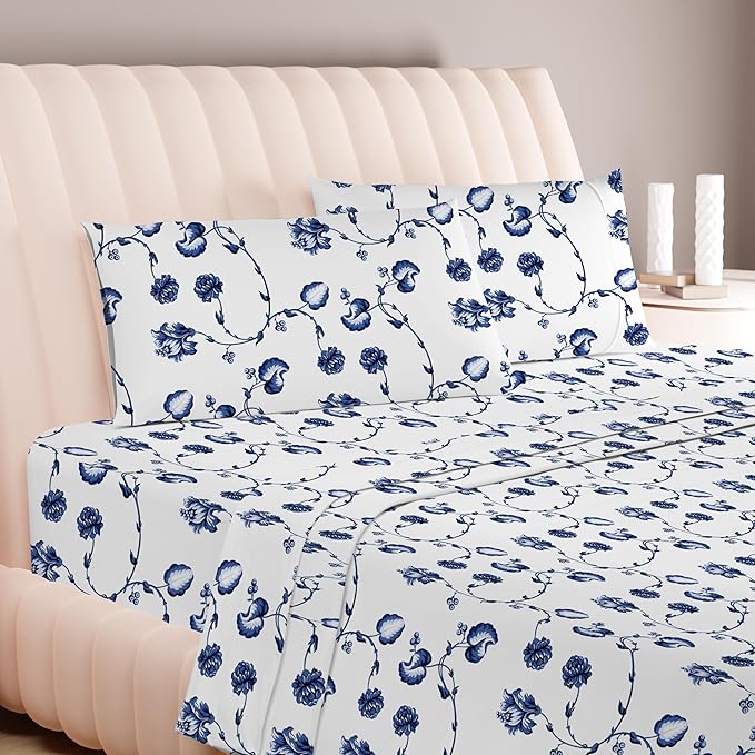Carressa Linen 100% Egyptian Cotton King Size Sheets Set - 600 Series Hydrangeas Printed Egyptian Cotton Sheets King Size (4 PC, Floral Blue), 16" Deep Pocket Sateen Weave Luxury Bed Sheet