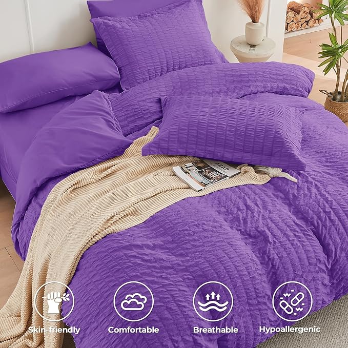 HYMOKEGE Bright Purple Queen Comforter Set Seersucker 7 Pieces, All Season Luxury Bed in a Bag Queen for Bedroom, Bedding Set with Comforter, Sheets, Pillowcases & Shams