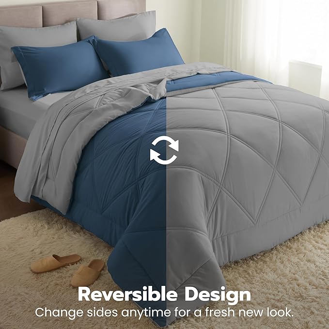 Joiedomi California King Comforter Set with Sheets Navy Blue, 7 Pieces Bedding Set with 1 Down Alternative Comforter, 1 Flat Sheet, 1 Fitted Sheet, 2 Pillowcases and 2 Pillow Shams, Bed in a Bag