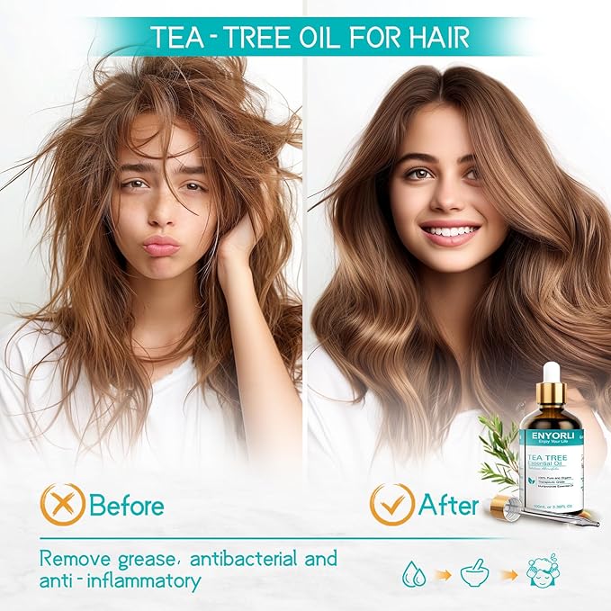 Tea Tree Essential Oil 3.38 fl oz (100ml), Natural Oil for Diffuser, Hair & Scalp Care, Skin Moisturizing, Nail Care & DIY Use, Daily Care for Women and Men