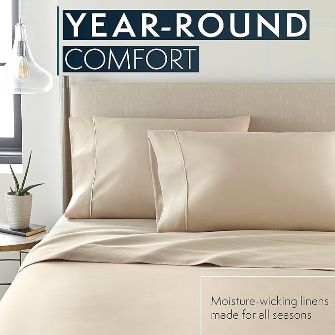 HC COLLECTION Bed Sheets Set King with 2 Pillowcases, Hotel Luxury Platinum 1800 Series Brushed Microfiber Sheet w/Deep Pocket, Ultra Soft Lightweight 4 Pcs Linen Bedding for Hot Sleepers, Cream