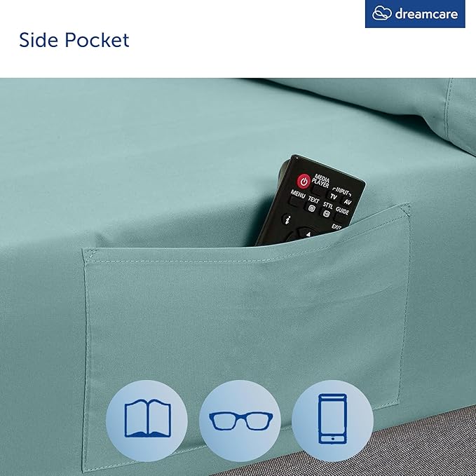 DREAMCARE Queen Sheet Set - 6 pcs Breathable Cooling Bed Sheets - up to 15" Deep Pocket Queen Sheets Set with Side Pockets - Extra Soft 100% Brushed Hypoallergenic Hotel Luxury Bedding - Spa Blue