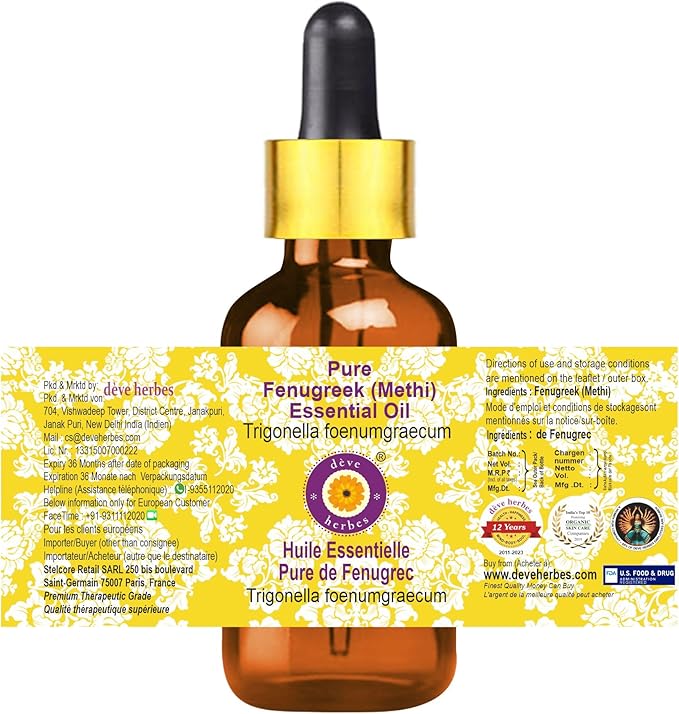 Deve Herbes Pure Fenugreek (Methi) Essential Oil (Trigonella foenumgraecum) with Glass Dropper Steam Distilled (Pack of Two) 100ml X 2 (6.76 oz)