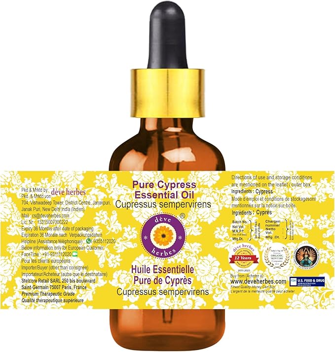 dève herbes Cypress Essential Oil (Cupressus sempervirens) with Glass Dropper | Pure | Non-Sticky | Non-Greasy | Lightweight | Men & Women | All Skin Types | Steam Distilled 5ml (0.16 oz)