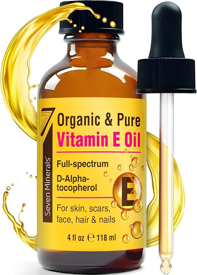 Seven Minerals Ultra Pure Vitamin E Oil - Full-Spectrum D-Alpha Tocopherol per 4 Oz Bottle - 100% Organic Vitamin E Oil for Skin, Face, Hair and Scars - Naturally Occurring:Not Synthetic. (Pack of 2)