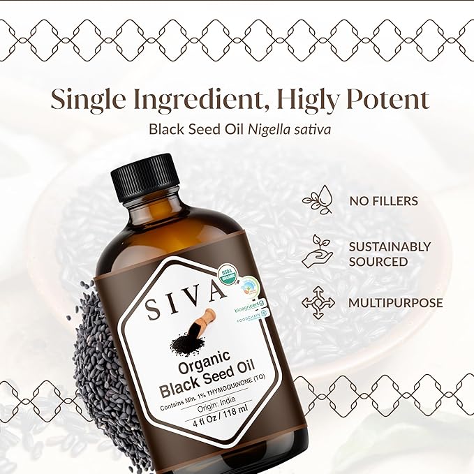 Siva Black Seed Oil Organic - 4 Fl Oz – 100% Natural Cold Pressed Black Seed Oil - for Face, Skin Care, Hair Care, Scalp Massage & Body Massage – Carrier Oil with Dropper