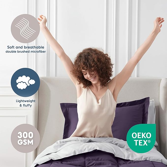 Nestl 7 Piece Twin Comforter Set – Purple Reversible Bed in a Bag – Complete Twin Size Bedding Set with Sheets, Set of 2 Down Alternative Pillows, Pillowcase and Sham