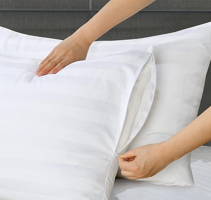 Pillow Protector Queen Size 100% Egyptian Cotton Pillow Covers, 400 Thread Count Sateen Weave Cooling Pillow Cases with Zipper Hidden, Breathable Non Noisy Easy Care, Set of 2 (Striped White)
