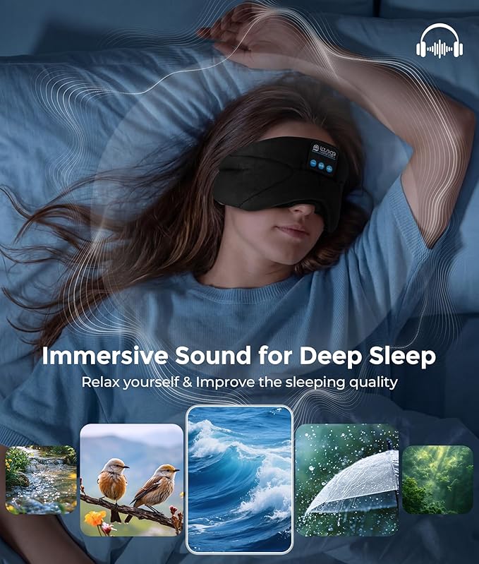 LOVE EYE Sleep Headphones Bluetooth 5.4 Sleeping Eye Mask Wireless Music Earphones with HD Speakers for Side Sleepers Total Blackout Cotton Mask for Travel, Office, Unique Gifts (Black)
