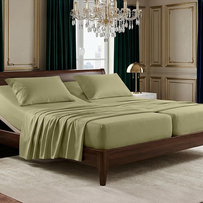 Elegant Comfort Luxurious 1500 Premium Hotel Quality Microfiber Three Line Embroidered Softest 5-Piece Bed Sheet Set, Wrinkle and Fade Resistant, Split King, Sage-Green