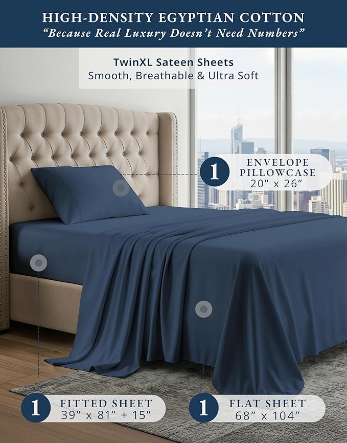 LANE LINEN 100% Egyptian Cotton Bed Sheets - 3-Piece Twin XL Set Long Staple Bedding Sateen Weave Luxury Hotel Fits Upto 15" Mattress - Dark Denim