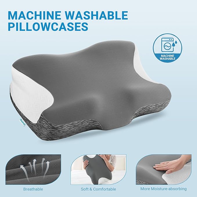 Elviros Neck Pillow for Pain Relief Sleeping, 2 Pack CPAP Pillows for Side, Back & Stomach Sleepers, Ergonomic Orthopedic Pillow for CPAP Users to Reduce Air Leaks and Mask Pressure, Dark Grey