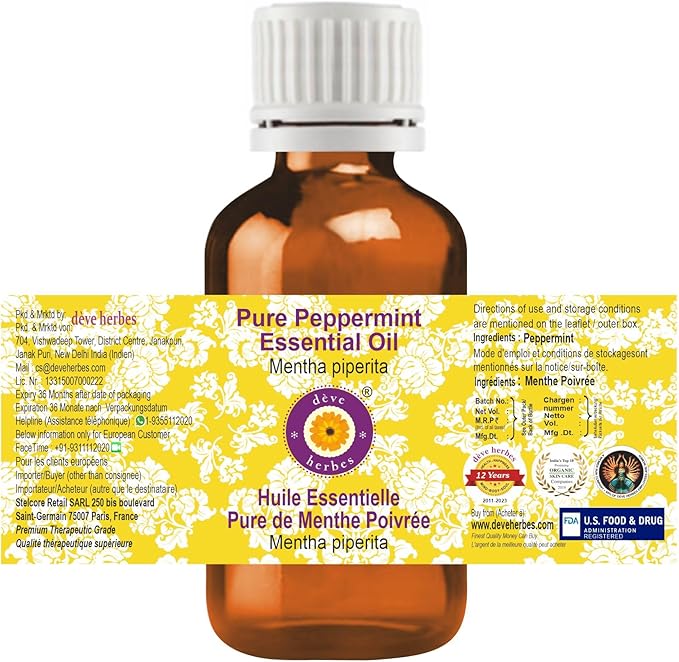 dève herbes Peppermint Essential Oil (Mentha piperita) Pure | Non-Sticky | Non-Greasy | Lightweight | Men & Women | All Skin Types | Steam Distilled 100ml (3.38 oz)