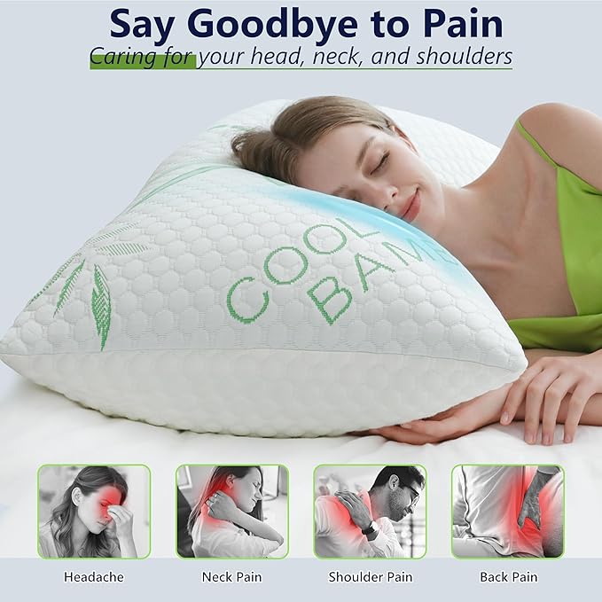 Memory Foam Pillows, Cooling Pillows Queen Size Set of 2 Adjustable Firm Bamboo Bed Pillows for Hot, Side, Back and Stomach Sleepers