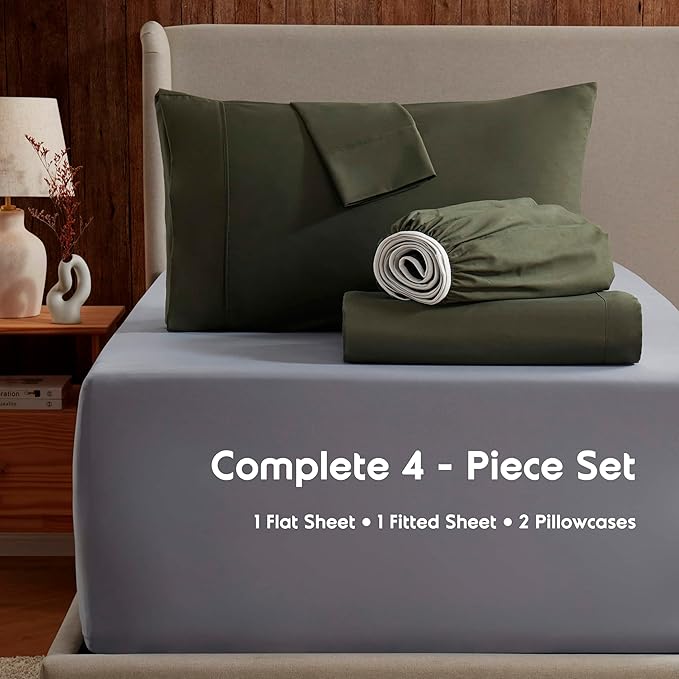 Nestl Extra Deep Twin Sheet Set - 4 Piece Breathable & Cooling Sheets - Hotel Luxury Bedding Set w/18-24 Inch Deep Pockets - Easy & Secure Fit - Super Soft, Wrinkle Free & Comfy - Olive Green