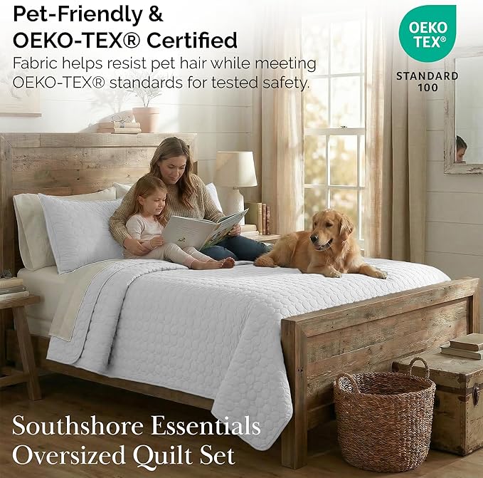 Southshore Fine Living, Inc. King Size White Quilt Bedding Set with 2 Pillow Shams, Quilted Summer Comforter, King Size, Light Weight Bedspread, California/King Quilt Coverlet, Bright White