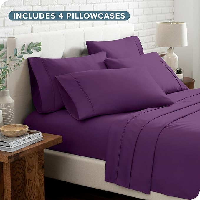 Bare Home Hotel Luxury Full XL Sheet Set, Extra Soft - 6 Piece Set - Deep Pockets - Easy Fit - Cooling & Breathable - Wrinkle, Fade, Stain Resistant - Includes 4 Pillowcases (Full XL, Plum)