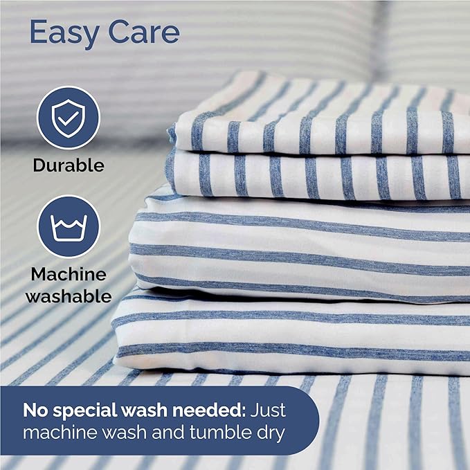 Full 6 Piece Sheet Set - Comfy, Breathable & Cooling - Soft Hotel Luxury Bedding for Women, Men, Kids, Teens and Children - 1 Flat & 1 Fitted Sheet & 4 Pillowcases with Deep Pockets - Blue Stripes 2
