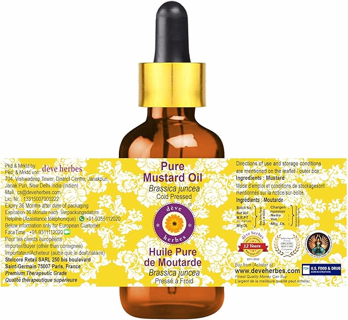 Deve Herbes Mustard Oil (Brassica juncea) with Glass Dropper | Cold Pressed | Pure | Natural | for Diluting Essential Oils | Hair, Skin & Massage | Non-Sticky| Lightweight| Unisex | 50ml (1.69 oz)