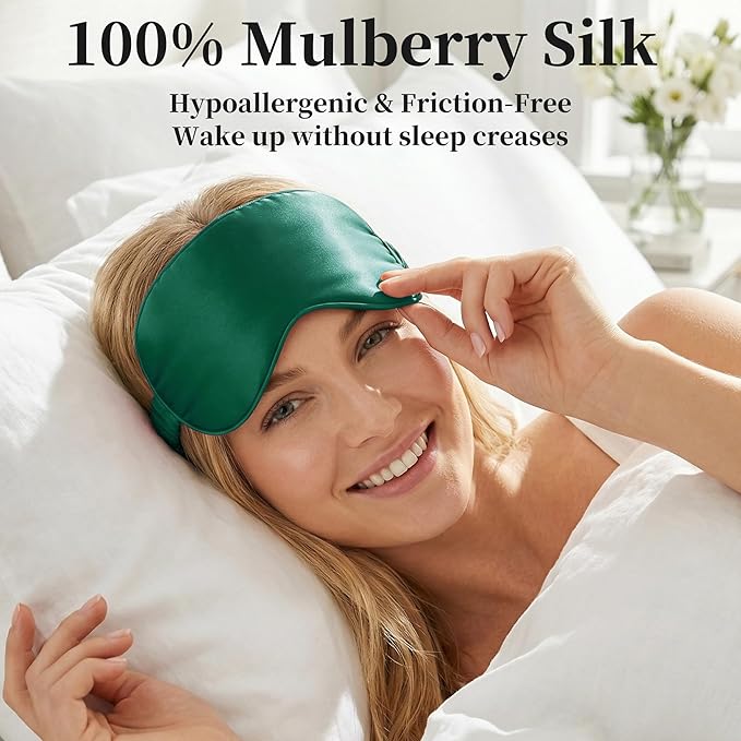 ZLYC 100% Mulberry Silk Sleep Mask Pressure-Free Eye Cover Soft Light Blocking Blindfold for Travel & Nap, Solid Dark Green