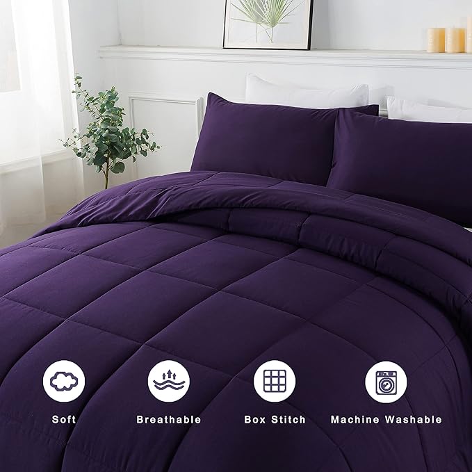 DOWNCOOL Queen Comforter Set -All Season Bedding Comforters Sets with 2 Pillow Cases-3 Pieces Bedding Sets Queen -Down Alternative Purple Queen Size Comforter Sets(88"x92")