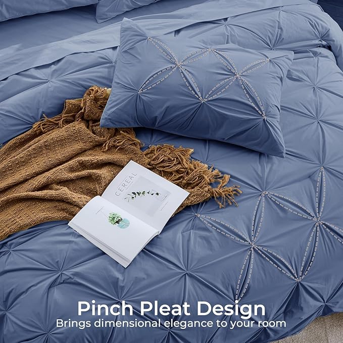Sasttie King Size Comforter Set, 7-Piece Bed in a Bag, Pintuck Bedding Set for All Season, Includes Comforter, Flat Sheet, Fitted Sheet, Pillowcases and Pillowshams, Slate Blue