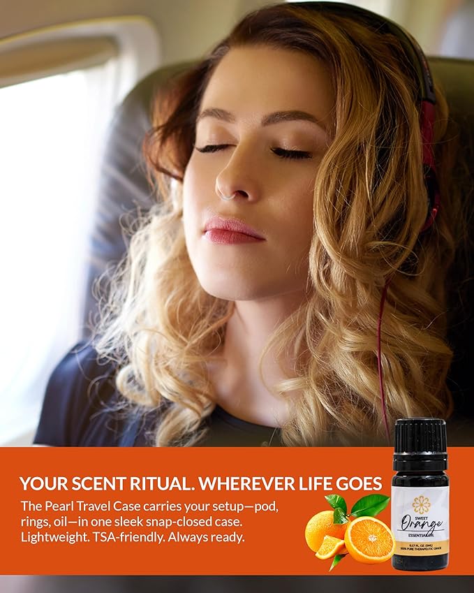 Essence Pearl Travel Case | Orange Essential Oil | Aromatherapy Nasal Diffuser & Essential Oil Carrying Case | Uplifting Citrus Scent | Travel-Friendly Kit | Black Pod
