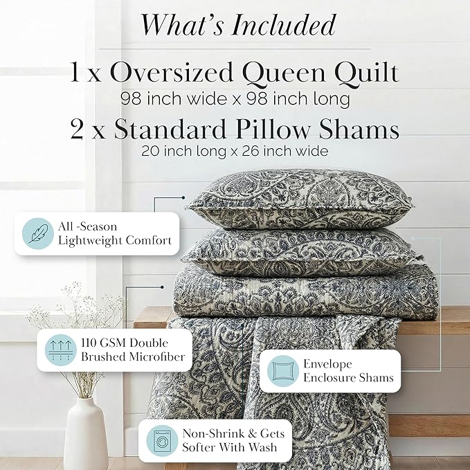 Southshore Fine Living, Inc. Ashanti Collection Oversized Quilt Queen Bedding Set Lightweight, Soft Coverlet Bedspread 3-Piece with Two Matching Shams (98 in Wide x 98 in Long), Full/Queen, Grey