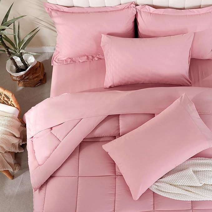 DOWNCOOL Full Size Comforter Sets, 7Pcs Full Size Bedding Sets Pink, All Season Down Alternative Bedding Comforter Sets with Comforter, Flat Sheet, Fitted Sheet, 2 Pillow Shams & 2 Pillowcases