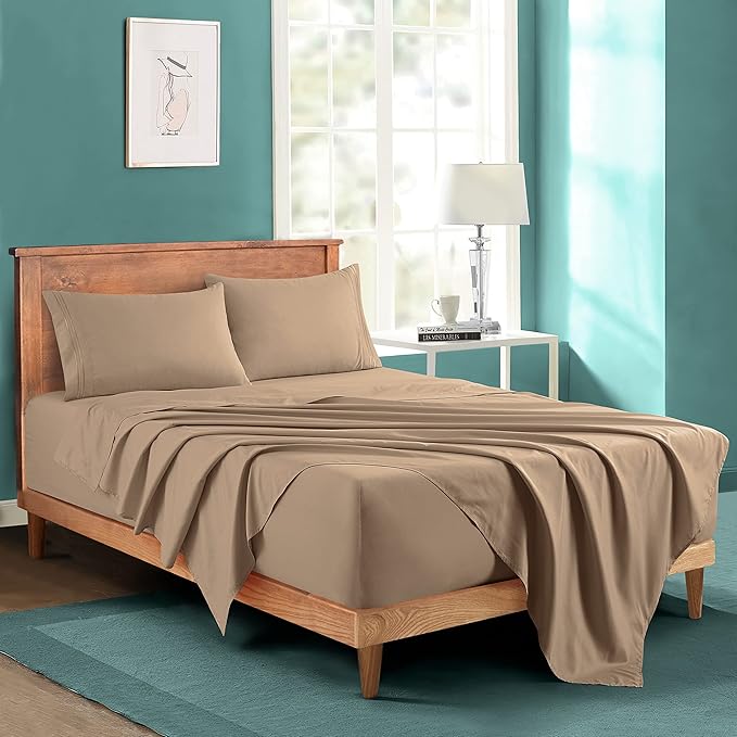 Manyshofu Extra Deep Pocket Queen Sheet Sets - Hotel Luxury 1800 Thread Count Sheets & Pillowcases - Microfiber Bedding Set up to 24" Mattress - Khaki Bed Sheets 18-24 Inch Deep Pockets - 4 Piece