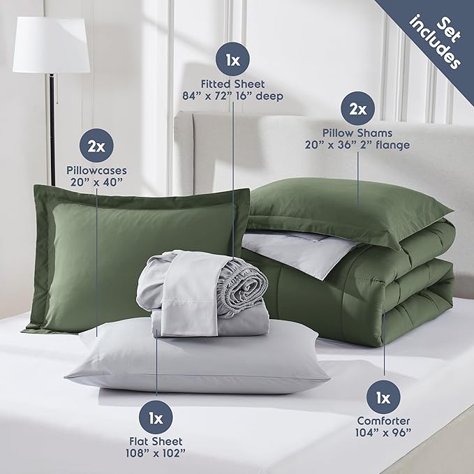 Nestl 9 Piece California King Comforter Set – Olive Green Reversible Bed in a Bag – Complete Cal King Size Bedding Set with Sheets, Set of 2 Down Alternative Pillows, Pillowcases and Shams