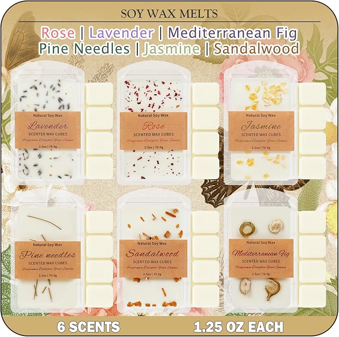 SCENTORINI Wax Melts, 6 Pack Scented Wax Cubes, Soy Wax Melts Tarts with Natural Dried Flower & Highly Scented Essential Oil, Candle Wax for Warmer Gift Set for Home Fragrance