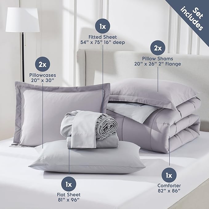 Nestl 9 Piece Full Comforter Set – Grey Lavender Reversible Bed in a Bag – Complete Full Size Bedding Set with Sheets, Set of 2 Down Alternative Pillows, Pillowcases and Shams