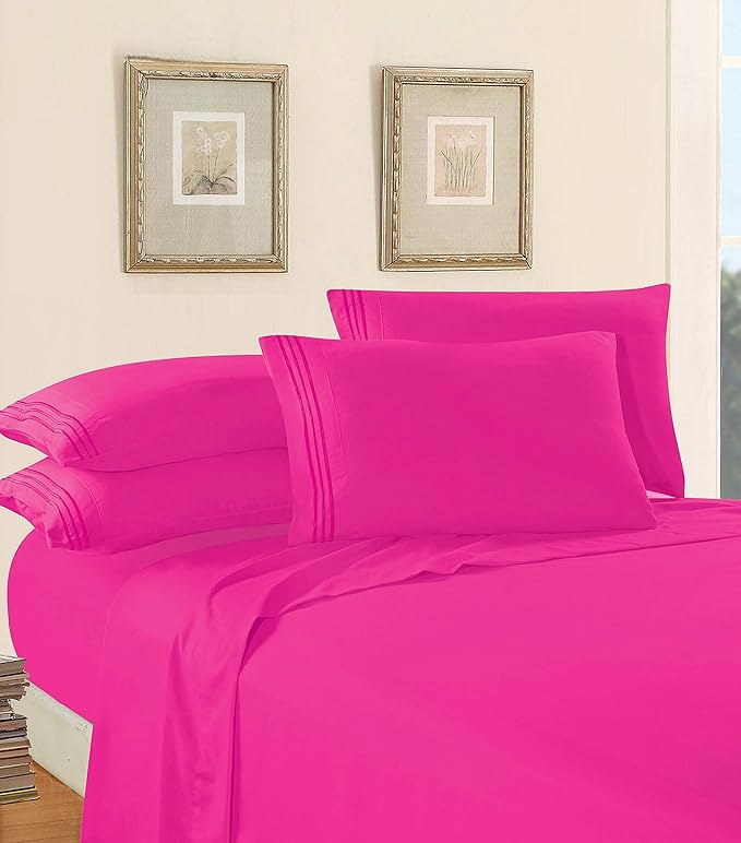 Elegant Comfort Luxury 1500 Premium Hotel Quality Microfiber 5-Piece Sheet Set - Wrinkle Resistant, All Around Elastic Fitted Sheet, Deep Pocket up to 16", Split King, Hot Pink