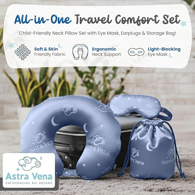 Child Travel Sleep Mask and Pillow Set - 2 in 1 Cute Character Design for Kids Rest, Naps and Relaxation. Soft Comfort with Bag Cover, Perfect for Flights, Car Trips 33cm (Blue)