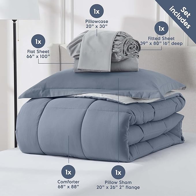 Nestl 7 Piece Twin XL Comforter Set – Stone Blue Reversible Bed in a Bag – Complete Twin XL Size Bedding Set with Sheets, Set of 2 Cooling Pillows, Pillowcase and Sham