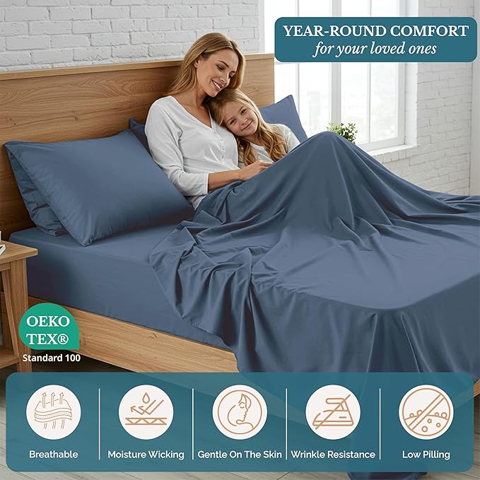 Casa Platino Queen Bed Sheets Set, Ultra Soft & Cozy Queen Sheet, Pre Washed Brushed Microfiber Bed Sheets Queen, Deep Pocket Sheet Sets Queen Size Fits 8 to 15 inch Deep Mattress- Estate Blue