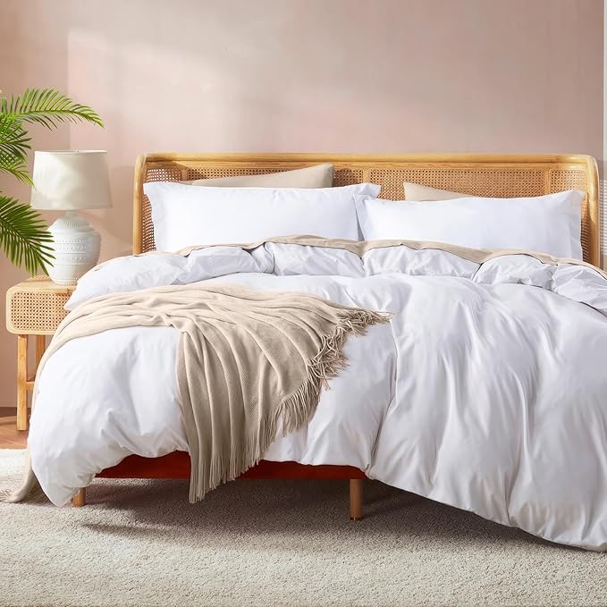 Nestl California King Duvet Cover Set with Comforter Insert - White 4 Piece 104x98 Duvet Cover & 2 Pillow Shams with White Quilted Down Alternative Comforter, Ultra Soft, All Season