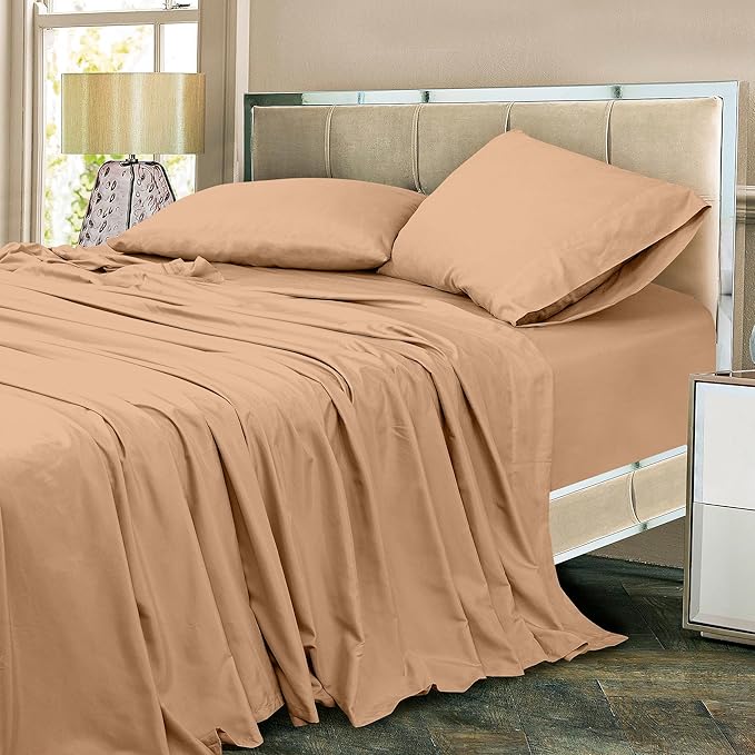 ROYALE LINENS 300 Thread Count 100% Long Staple Combed Cotton Sheet Set - 4 Piece King Bed Sheets - 1 Fitted, 1 Flat & 2 Pillow Cases - Soft Cool & Crisp Sheet Set (King, Sand)