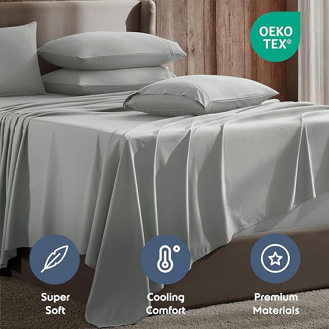 Nestl Extra Deep Split King Sheet Set - 7 Piece Breathable & Cooling Sheets - Hotel Luxury Bedding Set w/18-24 Inch Deep Pockets - Easy & Secure Fit - Super Soft, Wrinkle Free & Comfy - Sage Green