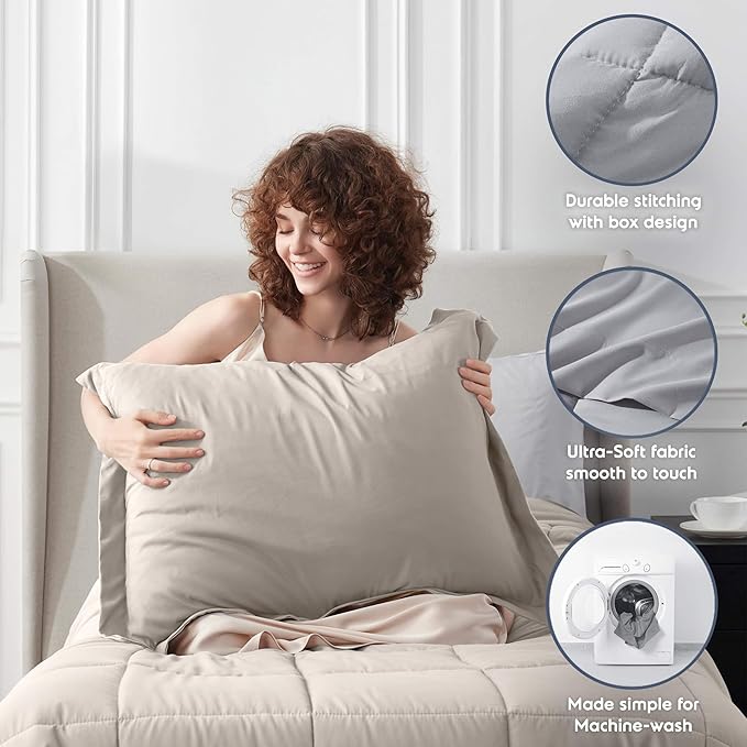 Nestl 7 Piece Twin XL Comforter Set – Beige Reversible Bed in a Bag – Complete Twin XL Size Bedding Set with Sheets, Set of 2 Down Alternative Pillows, Pillowcase and Sham